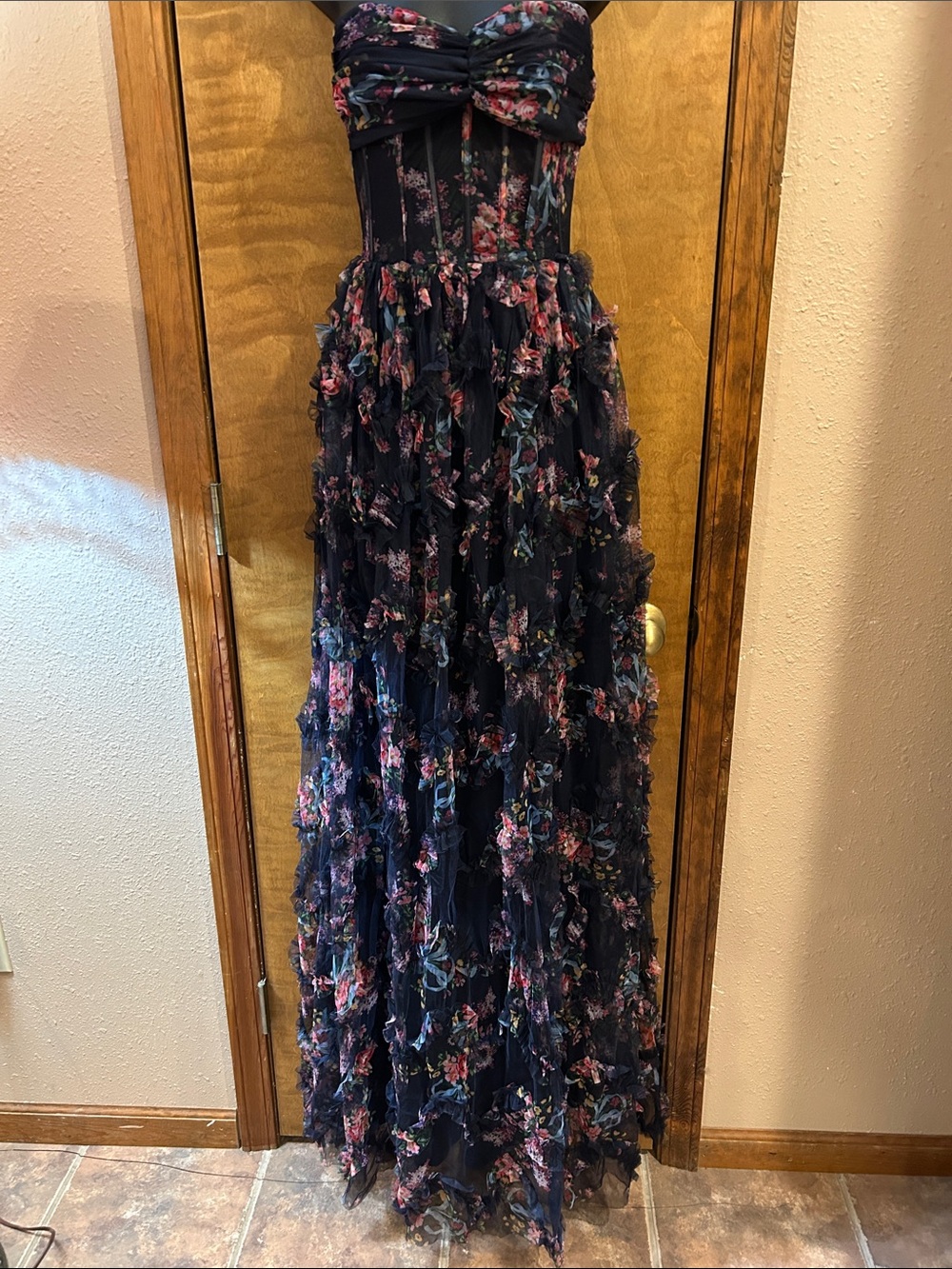 Navy Floral Strapless Ruffled Floral PromDress